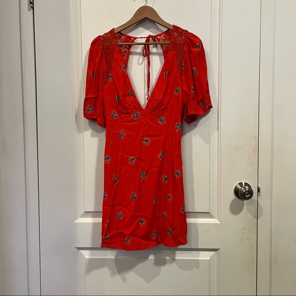 Free People Mockingbird Coral Floral Print Backless Mini Dress - Picture 5 of 5
